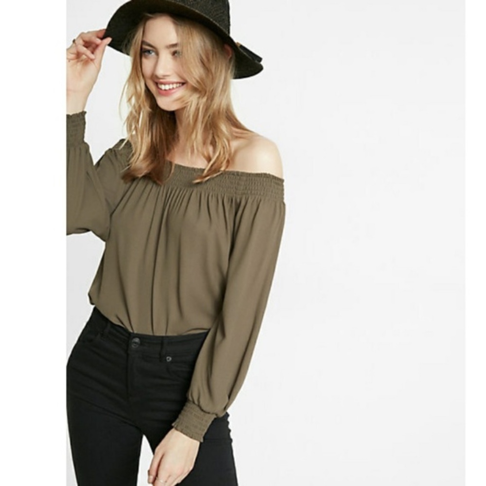 Express Off the Shoulder Olive Green Blouse